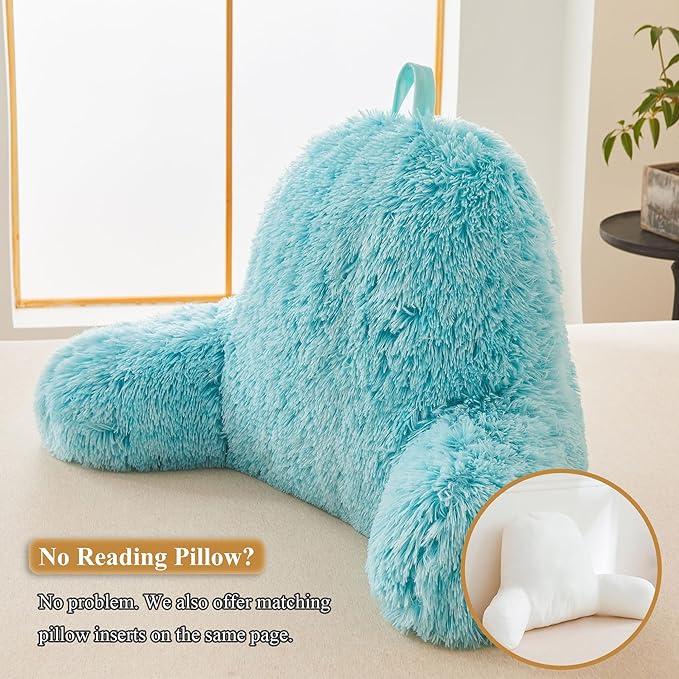 XeGe Faux Fur Reading Pillow Cover (No Filler), Fluffy Back Rest Pillow Case for Bed Sitting Up, Adults Kids Gaming Shaggy Sit Up Back Support Pillow Cover with Arms for Couch Chair Car, Aqua Ombre