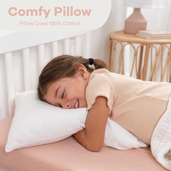 Comfy Cubs Toddler Pillow with Soft Cotton Pillowcase, 13"x18", White - Kids Pillow for Sleeping & Travel - Adorable & Comfortable Small Pillow - Kids Travel Pillow with Breathable Microfiber Fill