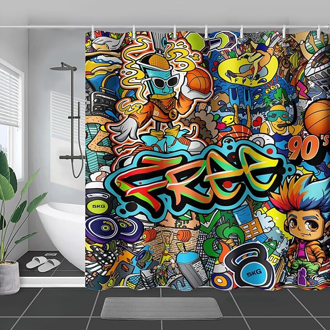 AILONEN Sport Graffiti Shower Curtain for Bathroom,Colorful Graffiti Pattern Bathroom Curtain for Kids Boys Girls,Bath Curtain 48" W*72" H Polyester Waterproof Bathroom Curtain with 12 Hooks