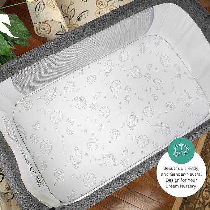 TansyPanda Bassinet Sheets for Angelbliss, Koolerthings, and Koola Baby Bassinet Bedside Sleeper, 3 Pack, 33x20 inch, Ultra Soft, Breathable, Snug Fit, Unisex Boys Girls, Gray White (Space Rockets)