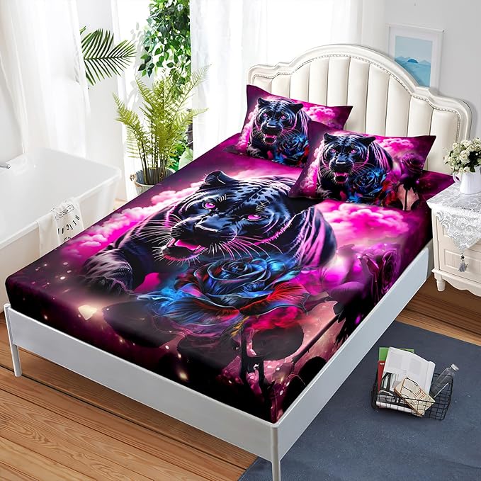 AILONEN Black Panther Fitted Sheet Set Twin XL Size,Red Rose Romantic Smoky Lightning Leopard Print Bed Sheet Set,Safari Animal Cheetah Fitted Sheet and 2 Pillowcases,3 Pieces