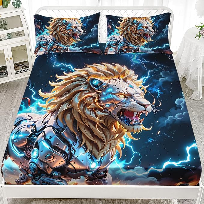 AILONEN Boys Lion Fitted Sheet Set Queen Size, Safari Animal Lion Blue Lightning 3 Pieces Printed Kids Bed Sheet Set,Wildlife Fitted Sheet with 2 Pillowcases