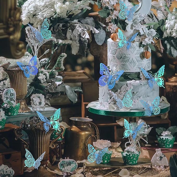 SAOROPEB 3D Butterfly Wall Decor 48 Pcs 4 Styles 3 Sizes, Butterfly Decorations for Butterfly Birthday Decorations Butterfly Party Decorations Cake Decorations, Removable Stickers (Laser Blue)
