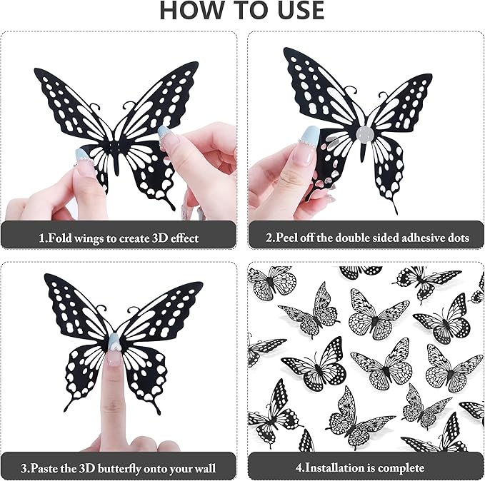 SAOROPEB 3D Butterfly Wall Decor 48 Pcs 4 Styles 3 Sizes-Butterfly Birthday Decorations&Butterfly Party Decorations&Butterfly Cake Decorations-Removable Gold Butterfly Decorations (Black)