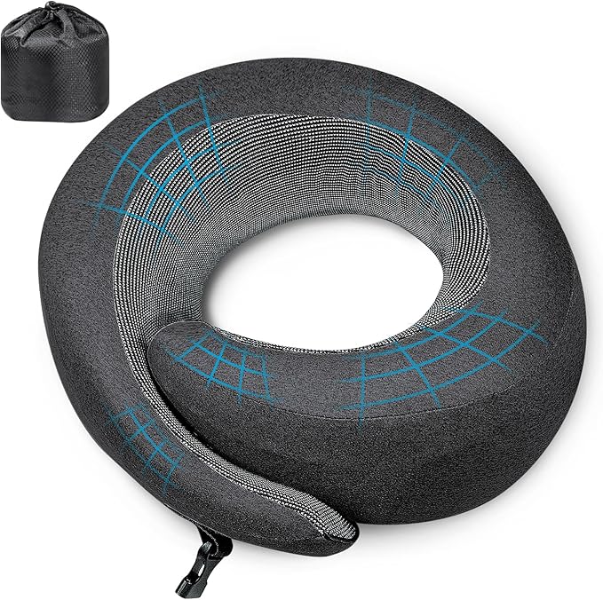 PORTHOLIC 2024 Upgraded Travel Neck Pillow with Buckle,100% Pure Memory Foam Travel Neck Pillow for Airplane Travel Flight Headrest Sleep, Portable Plane Accessories (Black)