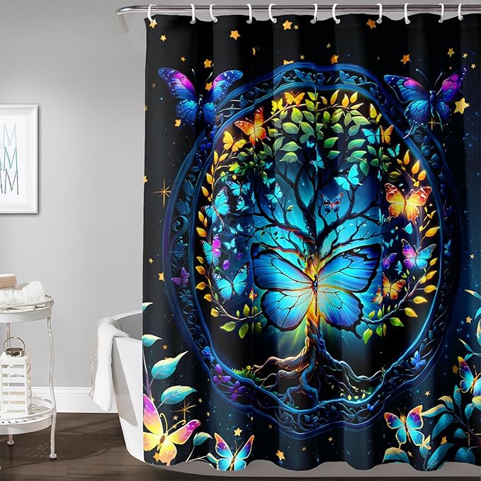 AILONEN Tree of Life Shower Curtain for Bathroom,Glowing Butterfly Starry Bath Curtain,Modern Tree Floral Print Curtain Decoration Waterproof with 12 Plastic Hooks for Boys Girls Adults 72" W*72" H