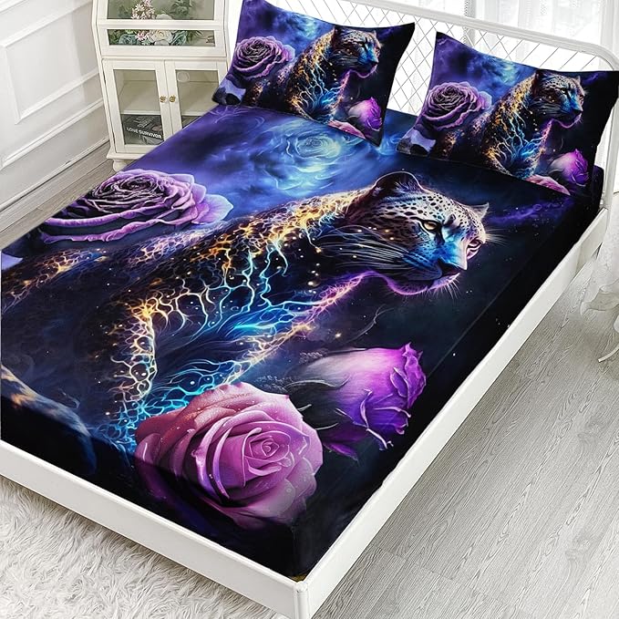 AILONEN Leopard Fitted Sheet Set Queen Size, Purple Flower and Cheetah Bed Sheet Set Leopard Print Fitted Sheet with 2 Pillowcases,3 Pieces Leopard Sheets Set for Boys Girls