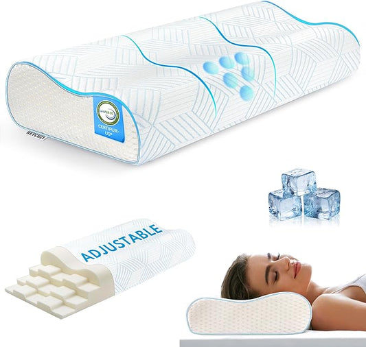 Cervical Neck Pillow for Pain Relief - 4-Layer Adjustable Contour Memory Foam Cooling Pillow for Sleeping, Cooling Ergonomic Pillow for Side Back Stomach Sleepers, Sandwich Pillow Queen Size