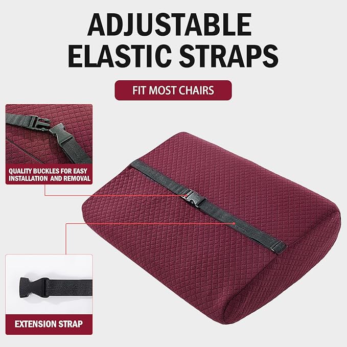 MABOZOO Memory Foam Back Support Cushion for Recliner Chair,Lumbar Support Pillow for Elderly,Extra Large Lumbar Support Pillow with Extension Straps,Wine Red