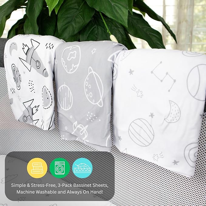 TansyPanda Bassinet Sheets for Angelbliss, Koolerthings, and Koola Baby Bassinet Bedside Sleeper, 3 Pack, 33x20 inch, Ultra Soft, Breathable, Snug Fit, Unisex Boys Girls, Gray White (Space Rockets)
