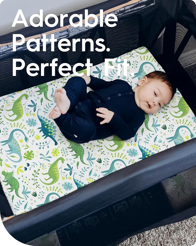 Dinosaur Pack N Play Sheets Fitted, Ultra Soft Mini Crib Sheets for Boy, Premium Jersey Knit Pack and Play Sheets, Stretchy Neutral Play Yard Sheets for Pack and Play Mattress, 2 Pack