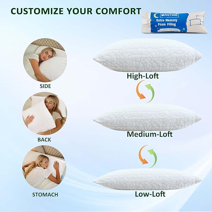 Cooling Pillows for Sleeping, Adjustable Shredded Memory Foam Bed Pillows Queen Size Set of 2, Cool Pillow for Hot Sleepers, with Extra Fill for Side Back and Stomach Sleepers