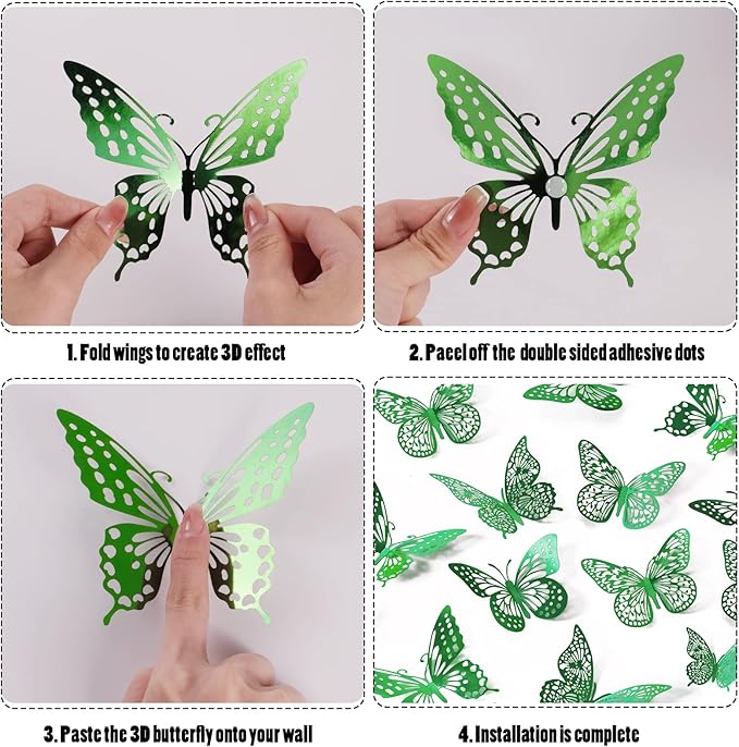 SAOROPEB 3D Butterfly Wall Decor 48 Pcs 4 Styles 3 Sizes, Green Butterfly Birthday Decorations Butterfly Party Decorations Butterfly Cake Decorations, Removable Stickers (Dark Green)