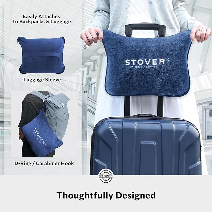 STOVER 2-in-1 Combo Airplane Travel Blanket & Pillow Bag- Lightweight, Compact, Packable, Warm Premium Fleece Set for Long Flights- w/Luggage Sleeve & Backpack Clip- for Men, Women & Families (Blue)