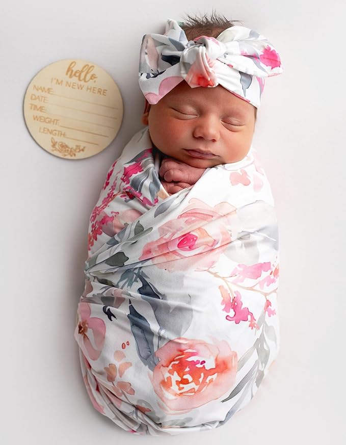Newborn Baby Girl Receiving Blanket Swaddle Blanket Stretchy Knit Swaddle Set with Matching Headband Beanie with a Name Card (Pink Floral Ink Leaf)