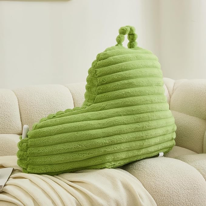 WERDIM Reading Pillow for Sitting in Bed, Faux Fur Back Pillow for Bed Rest, Bed Chair Pillow with Arms and Pockets(Large, Apple Green)
