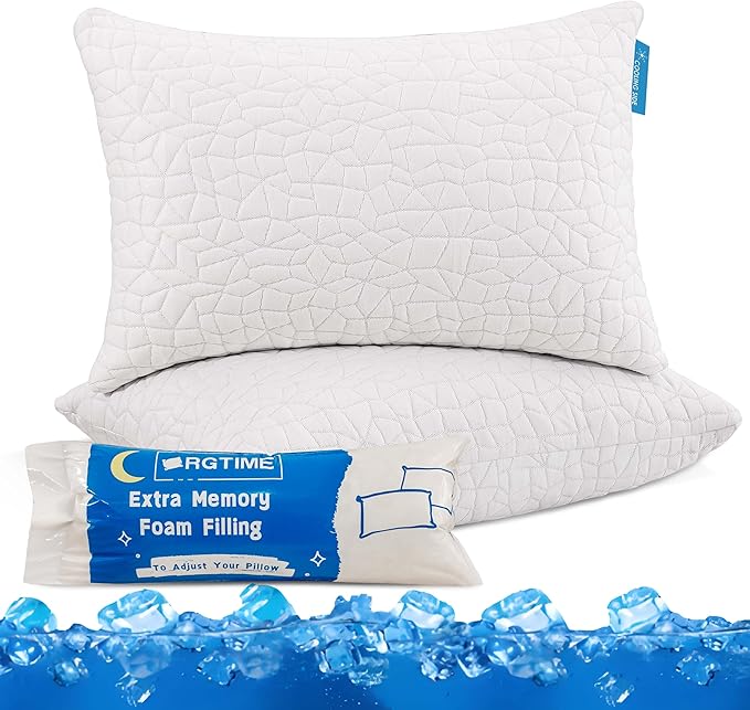 Cooling Pillows for Sleeping, Adjustable Shredded Memory Foam Bed Pillows Queen Size Set of 2, Cool Pillow for Hot Sleepers, with Extra Fill for Side Back and Stomach Sleepers