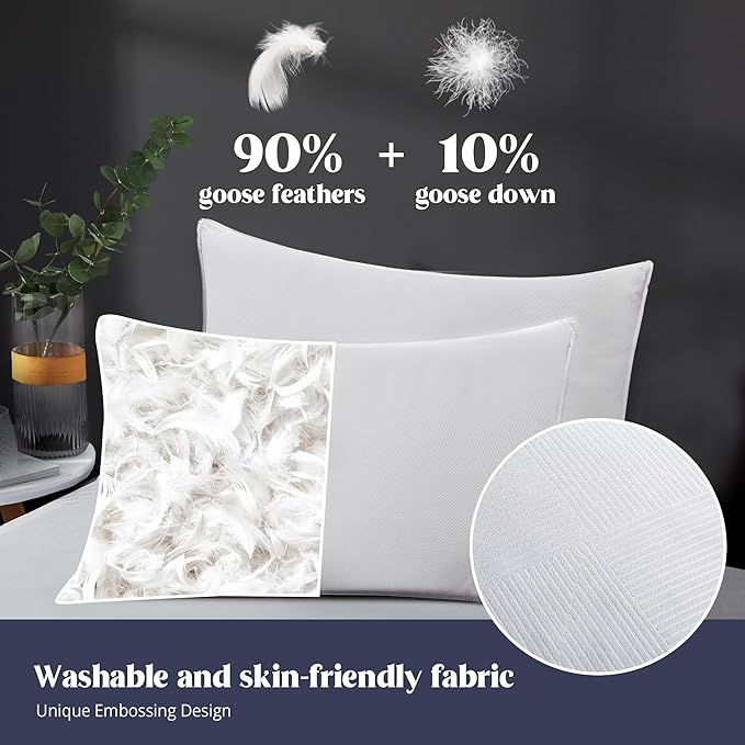 puredown® Soft Bed Pillows for Sleeping, Goose Feather Down Pillows Hotel Collection Queen Size of 2, Twill Diamond Pattern Embossing Pillows for Back Stomach Side Sleepers (20 x 28, 2 Pack)