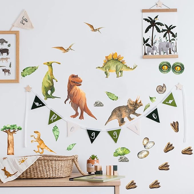Dinosaur Wall Decals for Kids - Jungle Removable Dinosaur Wall Stickers for Toddler Boys Girls - Safari Peel and Stick Nursery Stickers Children [>25 Dino Wall clings] + Test Sample Included!