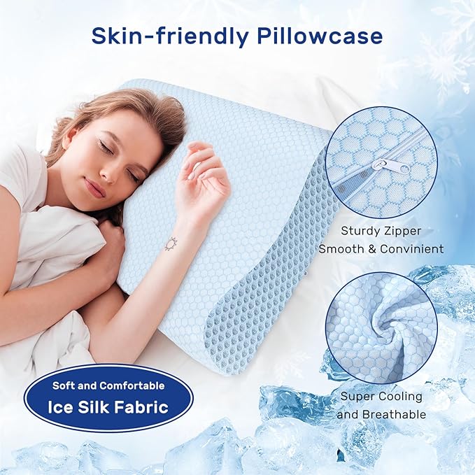 Memory Foam Pillows Cooling Pillow for Hot Sleepers Neck Pillow Bed Pillow for Sleeping Ergonomic Cervical Pillow Orthopedic Contour Pillow for Side Back-Blue White