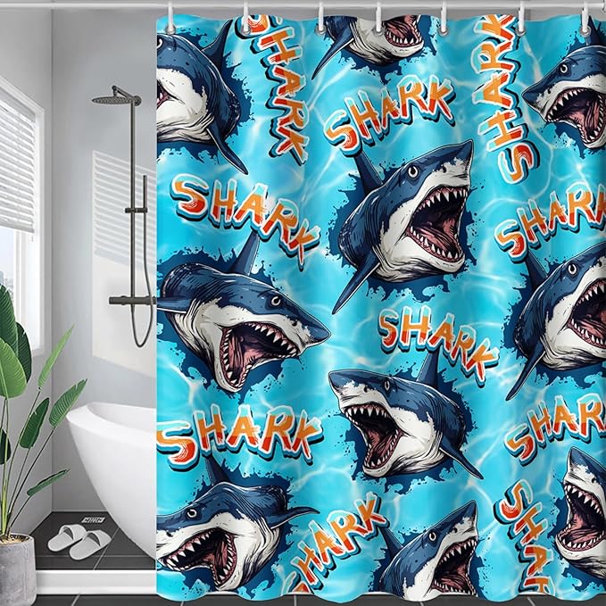 AILONEN Blue Shark Shower Curtain,Scream Shark Bath Curtain Gifts for Kids,Ocean Animal Polyester Waterproof with 12 Plastic Hooks, 36" W*72" H Blue