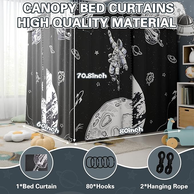Astronaut Canopy Bed Curtains - 4 Corner Post Bed Curtains Canopy Full Bed Canopy Curtains for Children Girls Bedroom Decoration(Astronaut, Full)