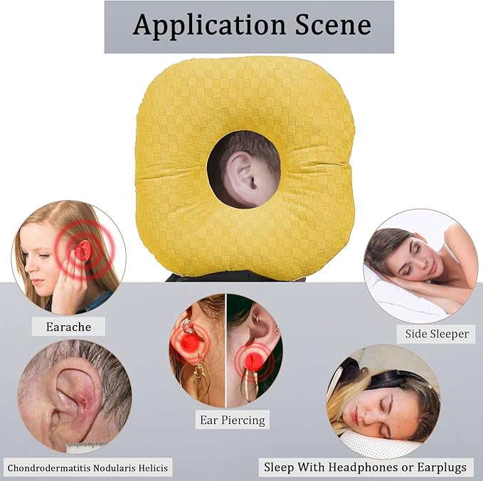 Ear Piercing Pillow for Side Sleepers, Pillow with an Ear Hole for CNH and Ear Pain Ear Inflammation Pressure Sores, O-Shaped Side Sleeping Pillow, Ear Guard Pillow(Yellow)