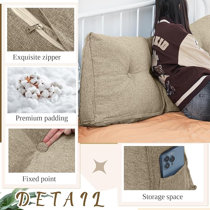 Wenqik Wedge Pillow Triangular Dorm Headboard Bed Rest Reading Backrest Back Support Long Bolster Pillow with Removable Cover for Dorm Room Supplies(Khaki Gray,Queen (59 x 20 x 8 Inch))