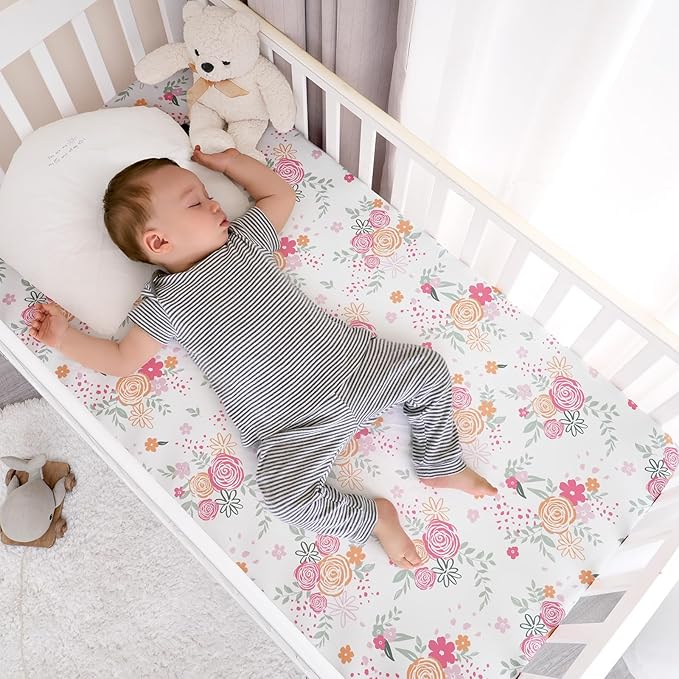 PHF Soft Crib Sheet Fitted, 2 Pack Baby Sheets for Boys Girls, 28x52x9in Fits Standard Crib and Toddler Mattresses, Silky Comfy Breathable Polyester Baby Mattress Sheets, Rose Floral