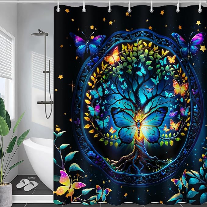 AILONEN Tree of Life Shower Curtain for Bathroom,Glowing Butterfly Starry Bath Curtain,Modern Tree Floral Print Curtain Decoration Waterproof with 12 Plastic Hooks for Boys Girls Adults 72" W*72" H
