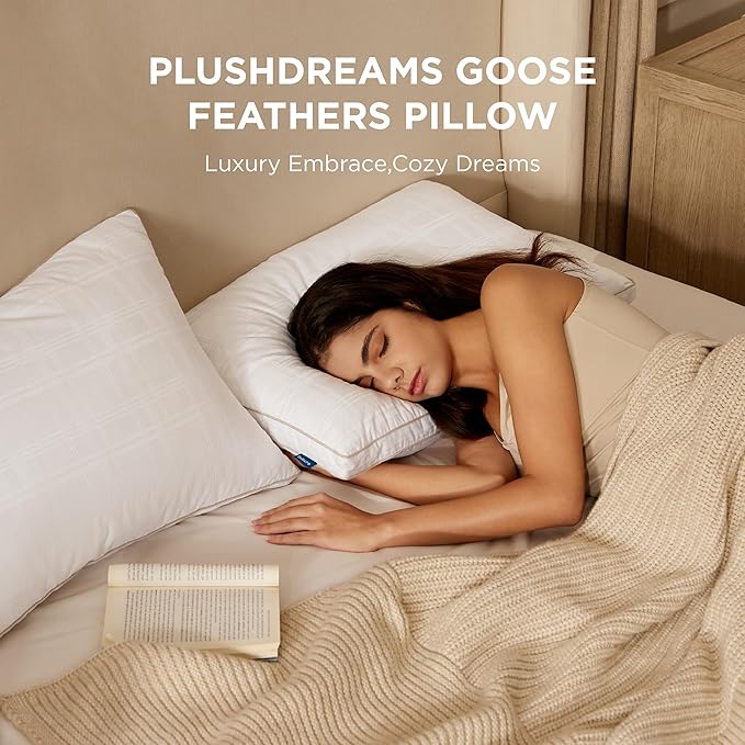Bedsure Luxury Goose Feathers Down Pillow - 300 Thread Count Cotton Cover Gusseted Hotel Collection Bed King Pillow, Ultra-Soft High Elasticity Sorona Fiber Layer Pillows for Sleeping