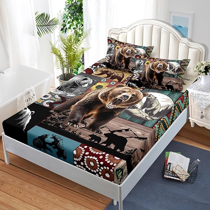 AILONEN Roaring Bear Fitted Sheet Set Twin Size, Rustic Cabin Bed Sheet Set,Wildlife Bedding Grey Bear Plaid Sheet Set,3 Pieces Teen Men Boys Bed Sheet Set,1 Fitted Sheet with 2 Pillowcases
