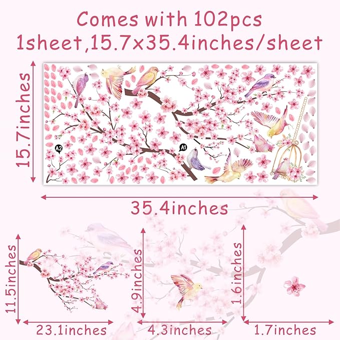 Cherry Blossom Wall Decal Peel and Stick Wall Art Decals Pink Flower Wall Decals Tree Branch Birds Wall Stickers Spring Cherry Flowers Wall Decals for Living Room Bedroom Kitchen Nursery Window Decor