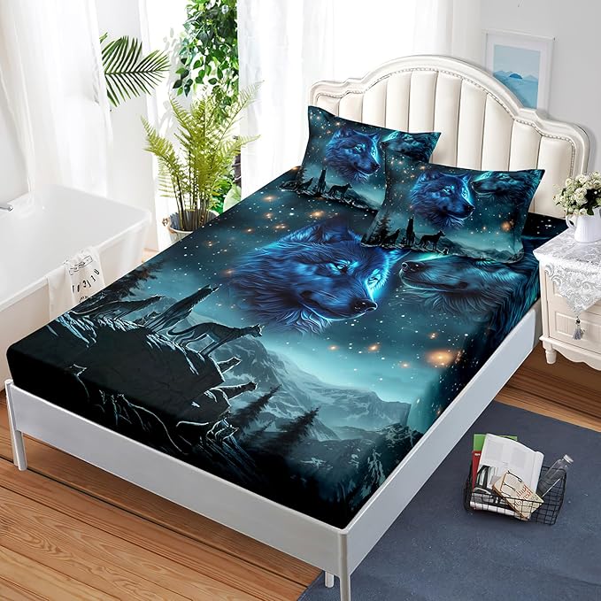 AILONEN Boys Wolf Fitted Sheet Set Queen Size, 3 Pieces Evening Starry Bedding Set Wild Animal Wolf Sheet Set for Boys Men Kids,Wildlife Bed Sheet Set Wolf Fitted Sheet with 2 Pillowcases
