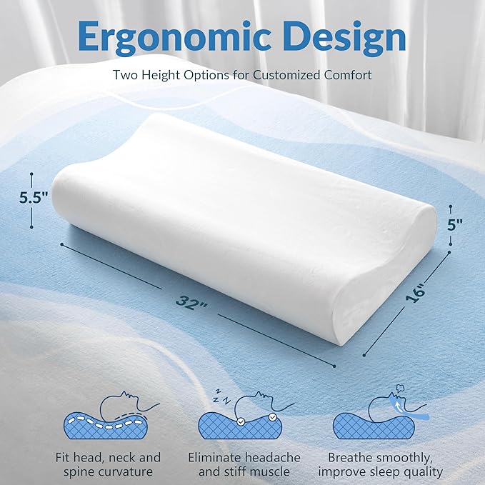 AM AEROMAX 32" King Size Contour Memory Foam Pillow, Neck Pillow for Neck Pain Relief, Neck Orthopedic Sleeping Pillows for Side, Back and Stomach Sleepers(White,Velvet)