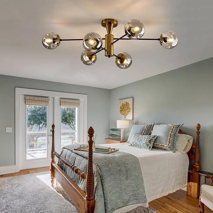 Modern Semi Flush Mount Ceiling Light Fixture 6-Light Sputnik Gold Chandelier with Glass Globe Mid Century Ceiling Lighting for Dinning Room Farmhouse Kitchen Bedroom Living Room.