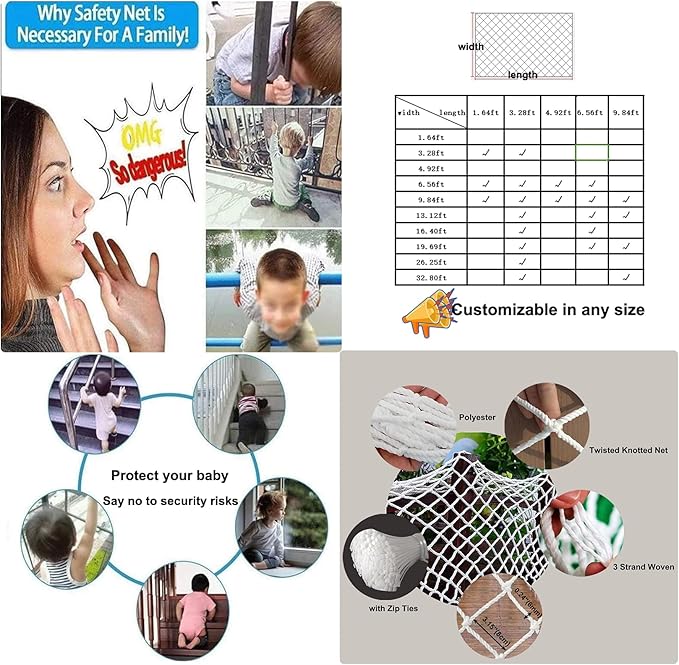 Rope Net Kids Safety Rope Netting Stairs Balcony Fence Safety Net Child Railing Playground Protection Rope Netting Indoor and Outdoor Decor Net White (4mm,1X3m)