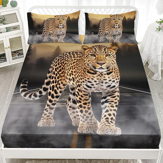AILONEN Leopard Fitted Sheet Set Full Size, 3D Cheetah Printed Bed Sheet Set,Wildlife Bedding Leopard Sheet Set,Wild Animal Leopard Bed Sheet Set Boys Fitted Sheet with 2 Pillowcases,3 Pieces