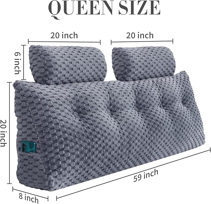 Wedge Headboard Pillow - Bed Wedge Pillow for Headboard Triangular Headboard Pillow with Neck Roll Pillow-Large Bolster Pillow for Sitting in Bed Backrest Positioning Support (Grey,59x8x20 Inches)