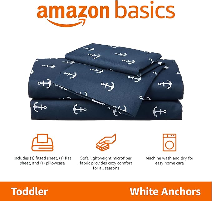 Amazon Basics Kid's Soft Easy-Wash Lightweight Microfiber 3-Piece Sheet Set, Toddler, Navy, White Anchors