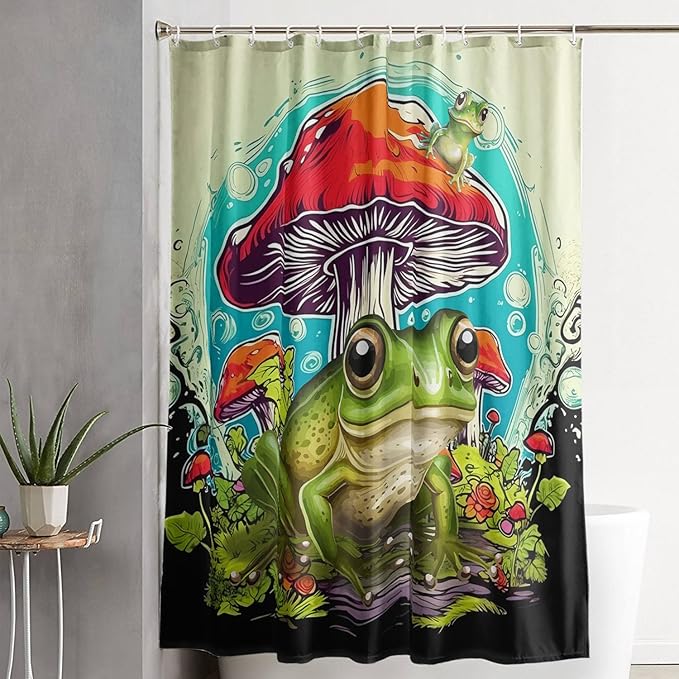 AILONEN Frog Mushroom Shower Curtain,Green Frog Waterproof Fabric Bath Curtain for Kids Girls Boys,Cartoon Animal Wildlife Red Mushroom Shower Curtain Set for Bathroom with Hooks,72" W*96" H