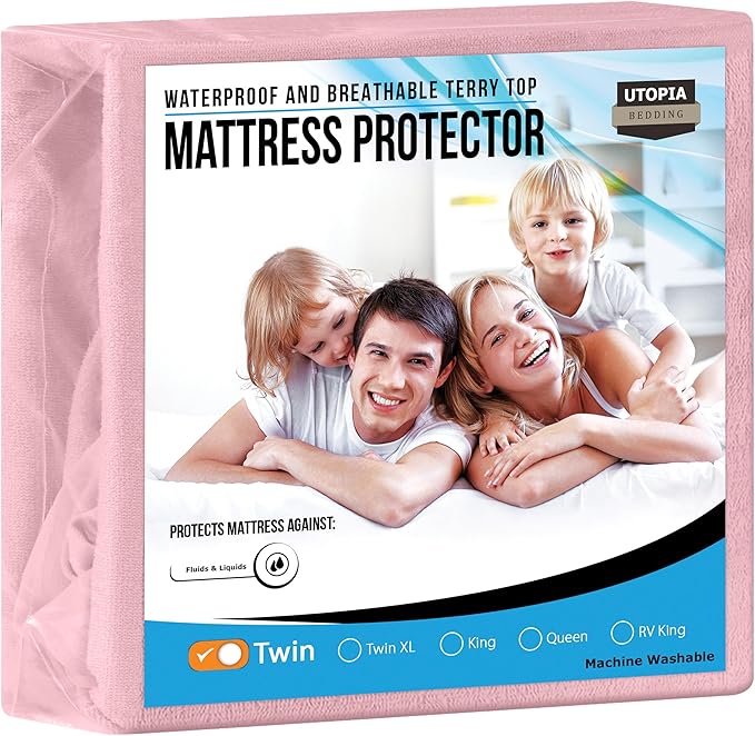 Utopia Bedding Waterproof Mattress Protector Twin Size, Premium Terry Mattress Cover 200 GSM, Breathable, Fitted Style with Stretchable Pockets (Pink)
