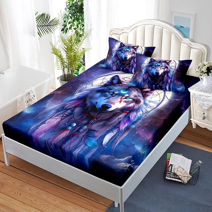 AILONEN Wolf Dream Catcher Fitted Sheet Set Full Evening Purple Galaxy Starry Moon Wolf Bed Sheet with 2 Pillowcases,3 Pieces Wolf Print Boys Girls Full Fitted Sheet Set