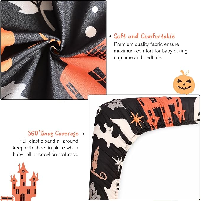 JISEN Halloween Crib Sheet Ghosts Fitted Crib Sheet for Boys Girls Crib Mattress Cover Baby Sheet for Standard Crib and Toddler Mattress Soft Breathable Baby Bed Sheet for Neutral 52x28 Inch Castles