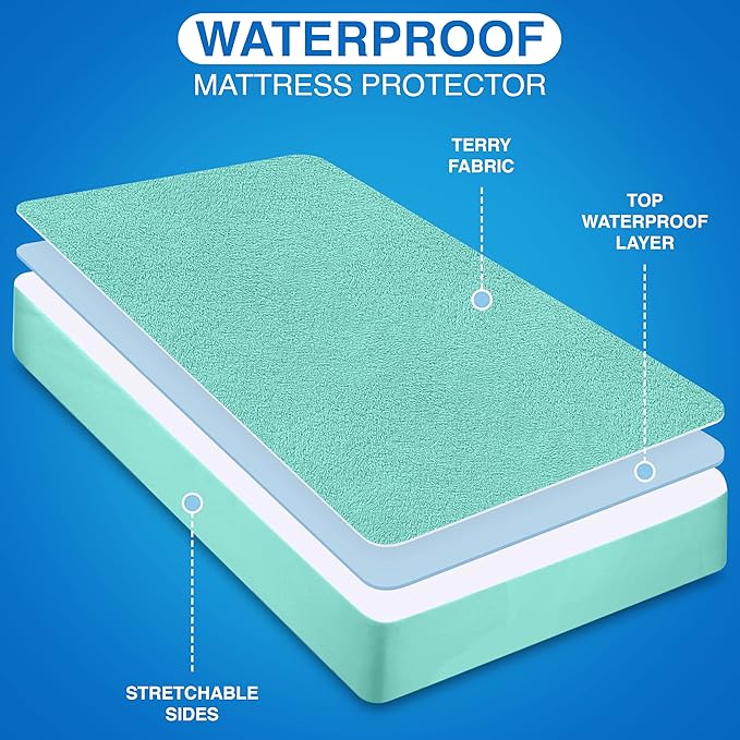 Utopia Bedding Waterproof Mattress Protector Queen Size, Premium Terry Mattress Cover 200 GSM, Breathable, Fitted Style with Stretchable Pockets (Spablue)
