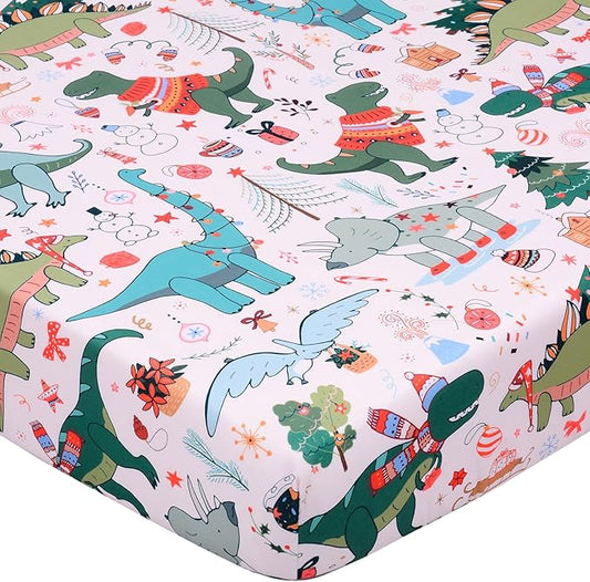 JISEN Christmas Crib Sheet Dinosaurs Fitted Crib Sheets 1 Piece Soft Baby Crib Sheets for Standard Crib and Toddler Mattress Pink Baby Bed Sheets for Crib for Baby Boys Girls Neutral 28x52 Inch
