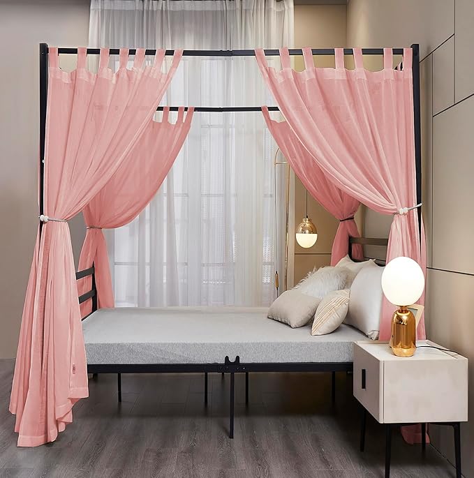 Mengersi Linen Canopy Bed Curtains for Twin,Full,Queen and King Size Bed,Bed Canopy Natural Blended Curtain Panels, 8 Panels Set (All Bed Sizes, Pink)