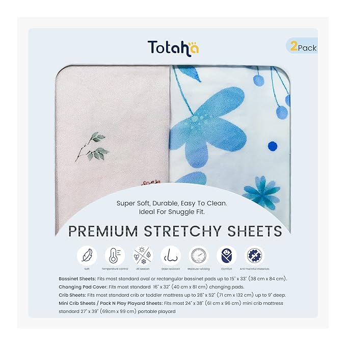 TotAha Premium Stretchy Pack N Play Playard Sheets | Mini Crib Sheets (2-Pack)-Hypoallergenic, Silky Comfort, AButtery Soft, Calming Effect, All-Season Jersey-Knit (Blue Flower & Small Floral)