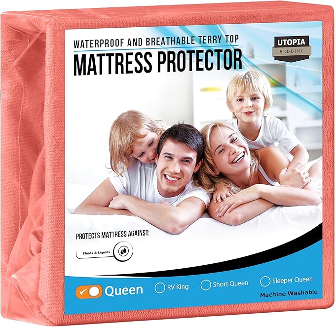 Utopia Bedding Waterproof Mattress Protector Queen Size, Premium Terry Mattress Cover 200 GSM, Breathable, Fitted Style with Stretchable Pockets (Coral)