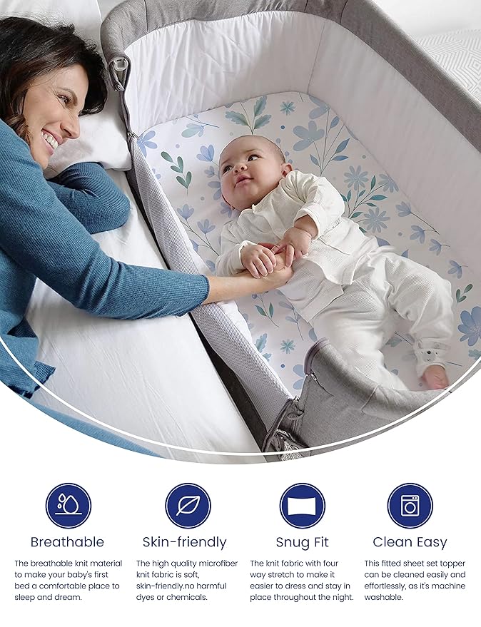 TotAha Premium Stretchy Bassinet Cradle Sheets (2-Pack) -Hypoallergenic, Silky Comfort, Buttery Soft, Calming Effect, All-Season Jersey-Knit, 32 X 16 X 3''(Blue Flower & Small Floral)